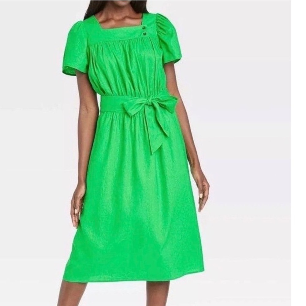 Who What Wear Kelly Green Midi‎ Dress XS Puff Sleeve Tie Waist Square Neck NWT